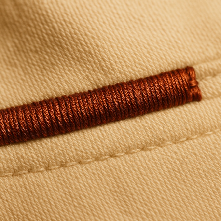Macro of satin-stitch embroidery on bone cotton, thread sheen and fabric relief visible.