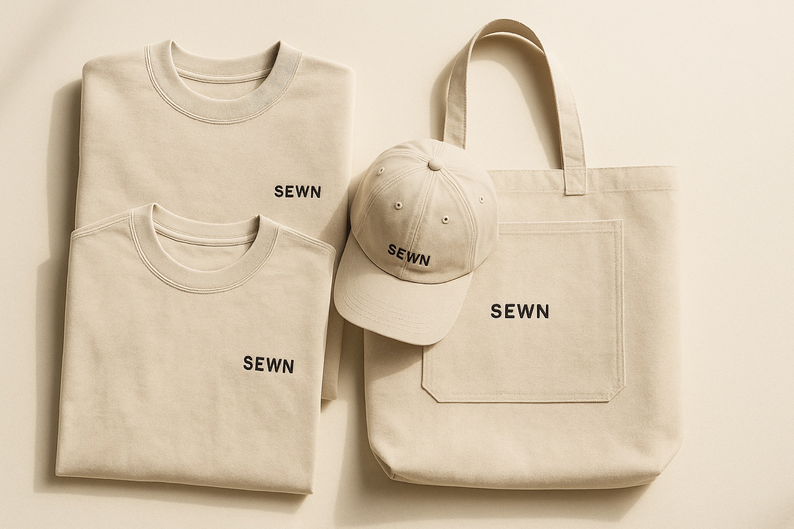 A dad hat, crewneck, tee and tote laid flat in bone cotton.