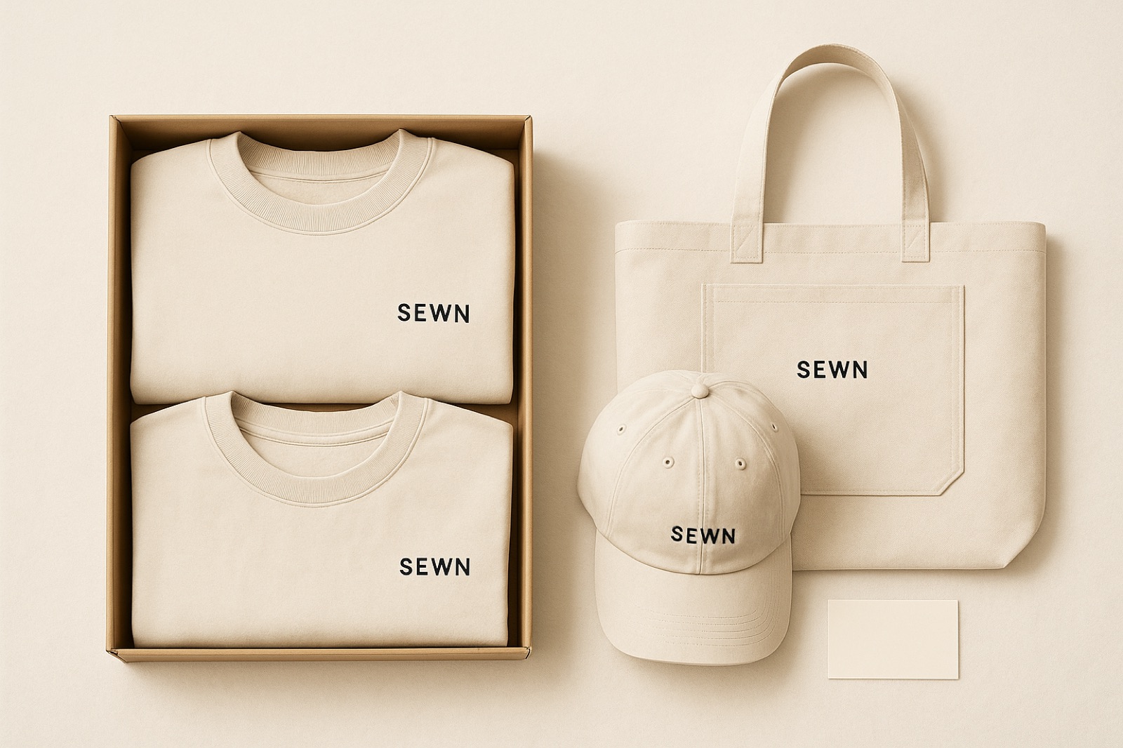 A new-hire kit: hat, crewneck, tee and tote packed in an open box.